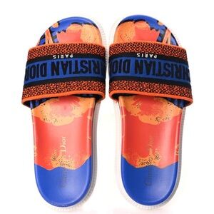Christian Dior Canvas D-Flower Pop Embroidered Dway Slides Blue Orange